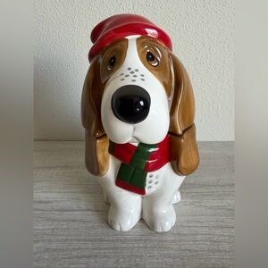 Pioneer Woman Charlie Basset Hound Cookie Jar Holiday Dog Red Scarf Christmas